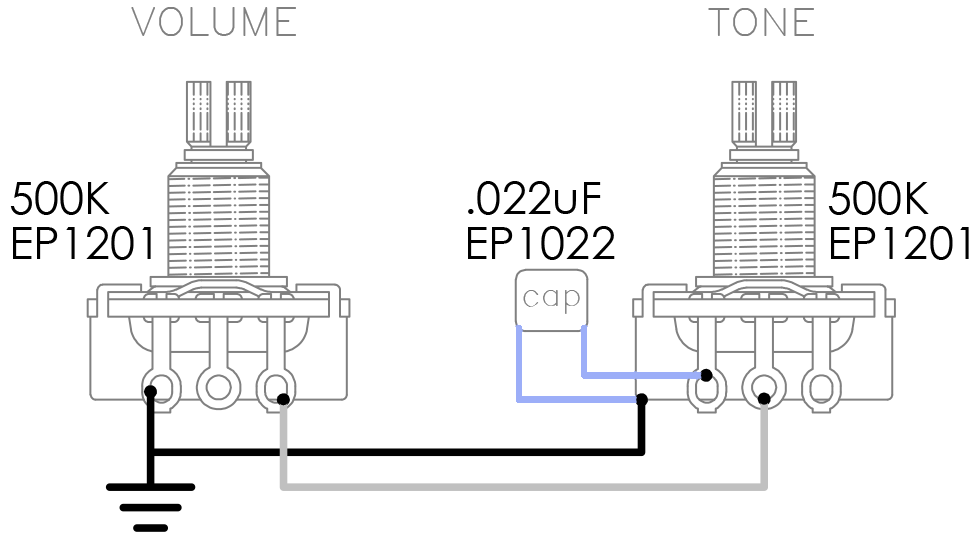 500K Volume Pot, 500K Tone Pot, .022 uF Capacitor