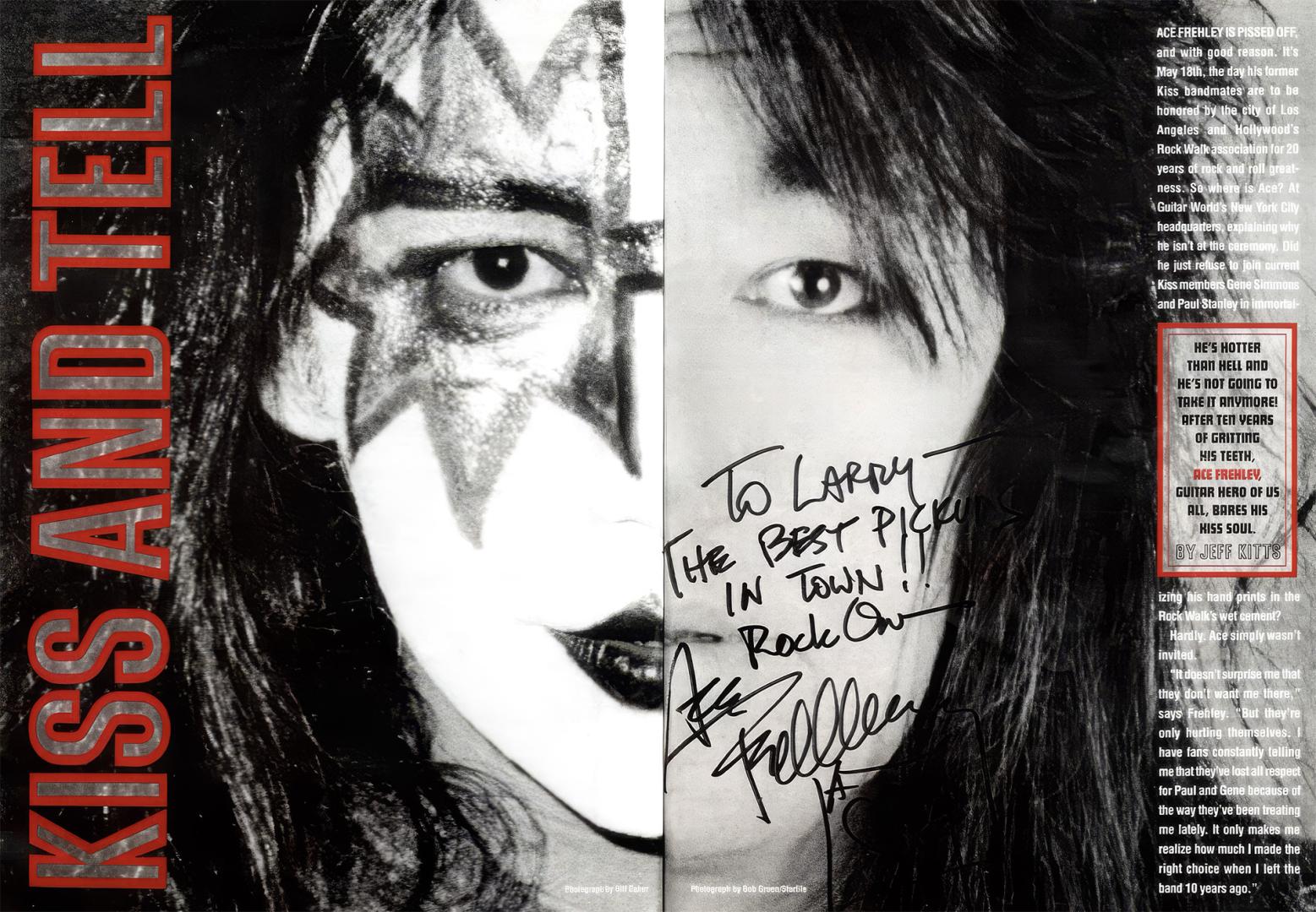 A reproduction of a spread from Guitar World magazine, which has been autographed from Ace Frehley to Larry DiMarzio: 'To Larry— the best pickups in town!! Rock On, Ace Frehley'