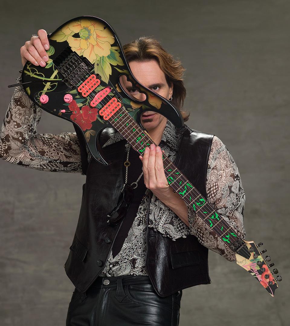 Steve Vai with Ibanez Jem77FP. Photo by Larry DiMarzio